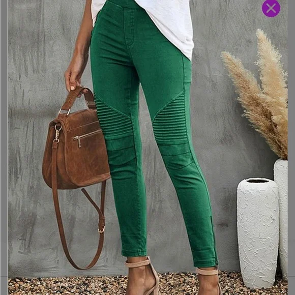 Green Ribbed Ankle- Zip Skinny Pants - Picture 2 of 4